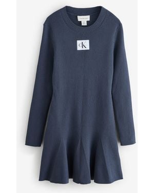 Calvin Klein Cotton Knit Long Sleeve Mini Dress - Blue