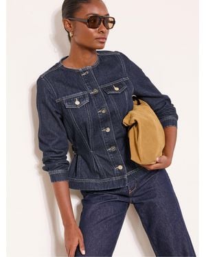 Lipsy Rinse Wash Collarless Cinched Waist Denim Jacket - Blue