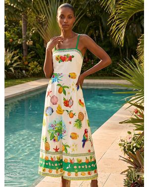 Roman Fruit Print Strap Detail Midi Dress - Green