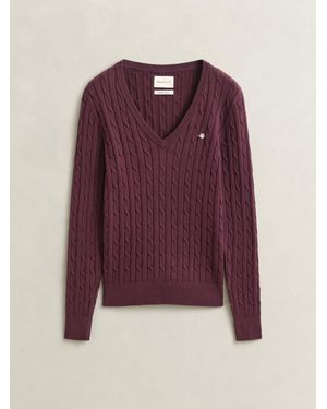 GANT Stretch Cotton Cable Knit V-Neck Sweater - Purple