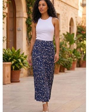 Roman Floral Print Stretch Midi Skirt - Blue