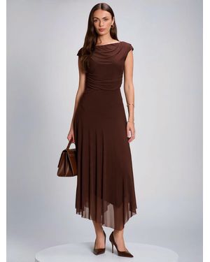 Jolie Moi Asymmetrical Draped Mesh Maxi Dress - Brown