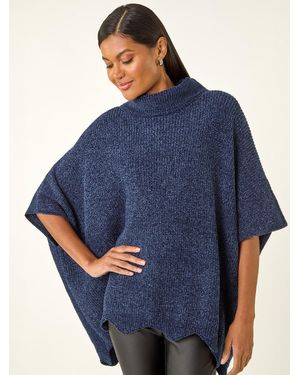 Roman Roll Neck Chenille Knit Poncho - Blue