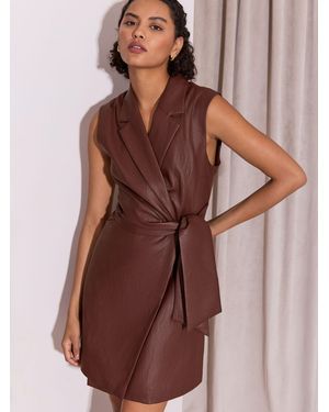 Lipsy Burgundy Faux Leather Tux Tie Wrap Dress - Brown