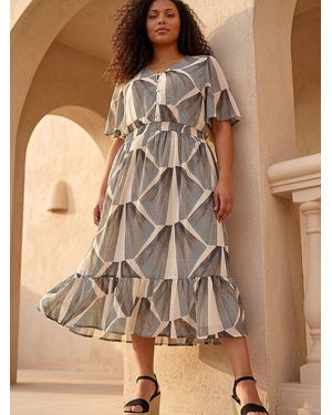 Roman Curve Abstract Button Detail Midi Dress - Brown
