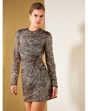 Friends Like These Champagne Long Sleeve Sequin Knot Detail Mini Dress - Natural