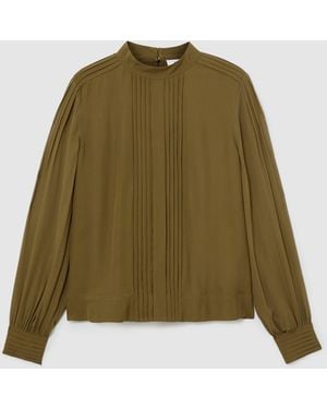 Reiss Khaki Ottilie Pintuck-Detail Tie-Back Blouse - Green