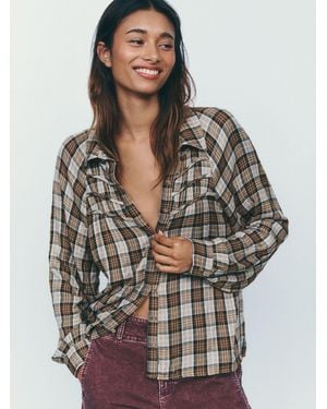 Anthropologie Pilcro Ruched-Yoke Buttondown Shirt - Gray