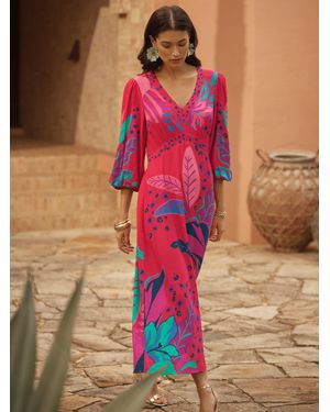 Love & Roses Balloon Sleeve V-Neck Midi Dress - Pink
