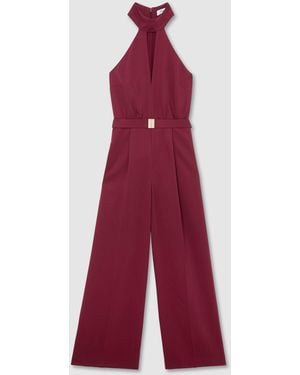 Reiss Jodie - Red Petite Halterneck Belted Wide-leg Jumpsuit, Us 0