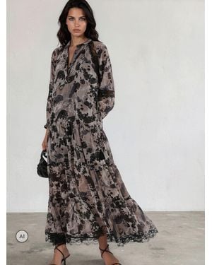 Religion Eva Tiered Maxi Dress With Lace Insert And Tie Waist - Gray