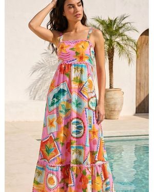 Roman Postcard Print Ric Rac Maxi Dress - Pink