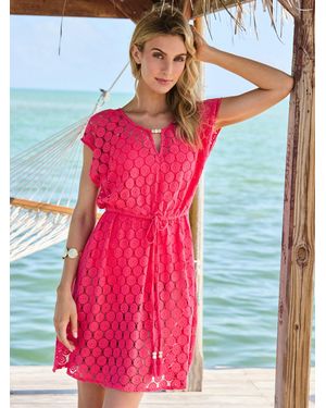 Sosandar Crochet Bead Detail Tie Waist Beach Dress - Pink