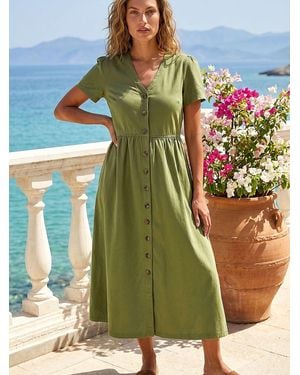 Roman Denim Button Through Midi Dress - Green