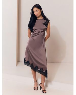 Lipsy Bronze Satin Asymetric Lace Trim Fit And Flare Midi Dress - Brown