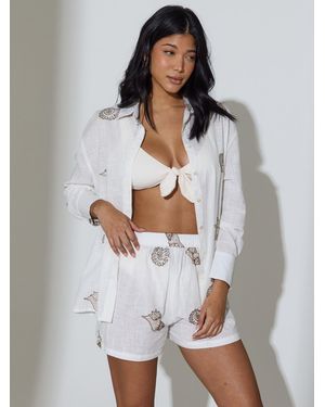 South Beach Sequin Embroidered Shell Beach Shorts - Gray