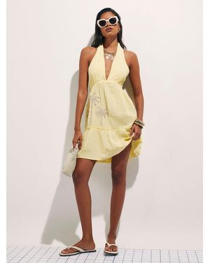 River Island Sleeveless Halterneck Palm Embroidered Textured Mini Dress - Natural