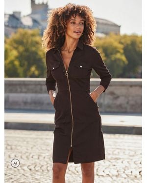 Sosandar Zip Front Denim Dress - Brown