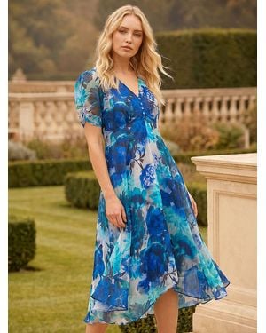 Roman Floral Hanky Hem Dress - Blue