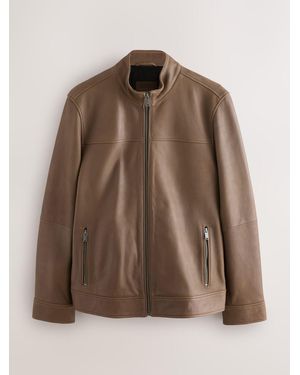 Next Signature Leather Funnel Neck Jacket - Brown