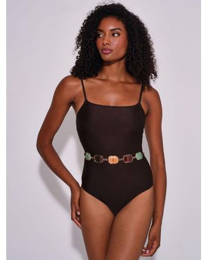 South Beach Stone Belt Detail Scoop Back Swimsuit - Black