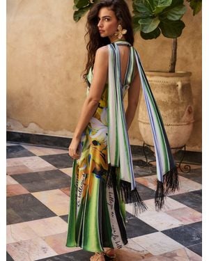 Lipsy Floral Print Stripe Fringe Scarf Halter Maxi Dress - Green