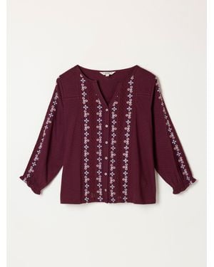FatFace Fatface Harper Burgundy Embroidered Top