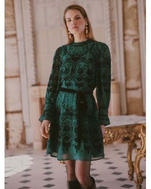 Love & Roses X V & A Forest Flocked Belted Mini Dress - Green