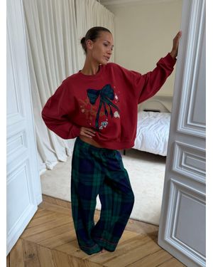 Never Fully Dressed Check Tartan Bow Sweat Christmas Pajamas - Green
