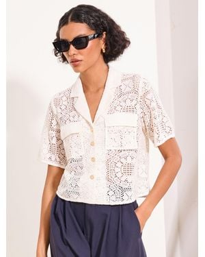 Lipsy Short Sleeve Utility Pocket Crochet Shirt - White