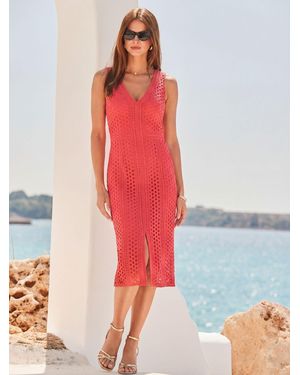 Sosandar Lace Detail V-Neck Pencil Dress - Red