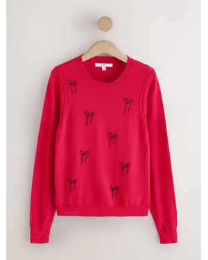 Next Embellished Bows Cotton Rich Soft Touch Long Sleeve Crew Neck Jumper - Red