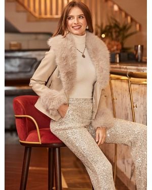 Sosandar Faux Leather Biker Jacket With Faux Fur Trim - Brown