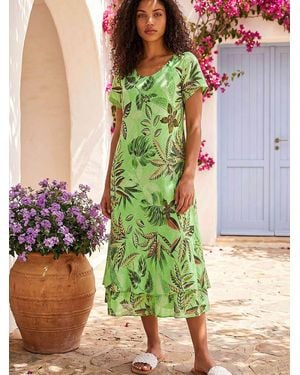 Roman Petite Leaf Print Layered Hem Dress - Green