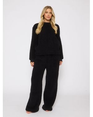 Loungeable Borg Sweater & Wide Leg Pants Lounge Set - Black