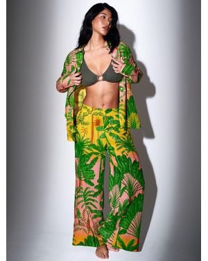 South Beach Metallic Stripe Palm Printed Wide Leg Beach Pants - Green