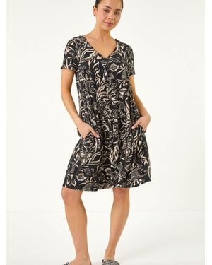 Roman Petite Print V-Neck Swing Dress - Black