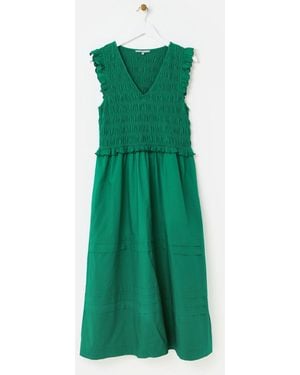 Oliver Bonas Shirred Bodice V-Neck Sleeveless Midi Dress - Green