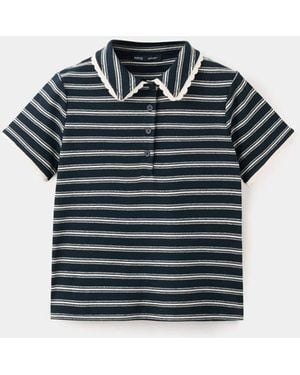 Mango Short Sleeve Striped Knitted Polo Shirt - Black