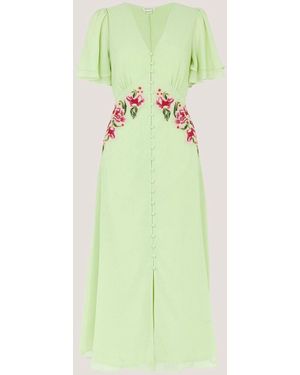 Monsoon Coraline V-Neck Floral Embroidered Short Sleeve Midi Dress - Green