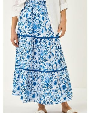 Roman Floral Print Tiered Skirt - Blue