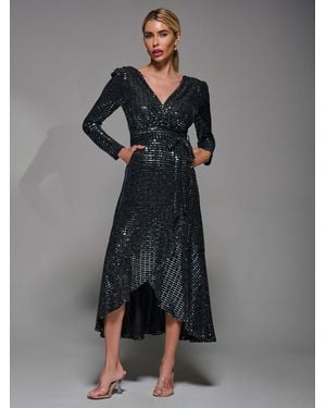 Jolie Moi Metallic Spot Long Sleeve Maxi Dress - Gray