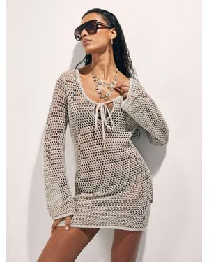 River Island Long Sleeve Metallic Knitted Beach Tunic Dress - Gray