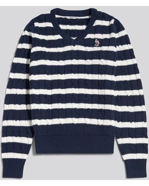 U.S. POLO ASSN. U. S. Polo Assn U. S. Polo Assn. V-Neck Striped Cable Knit Sweater - Blue