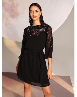 Love & Roses Petite Embellished Kimono Sleeve Mini Dress - Black