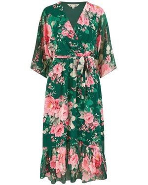 Yumi' Kimono Sleeves Dip Hem Wrap Midi Dress - Green