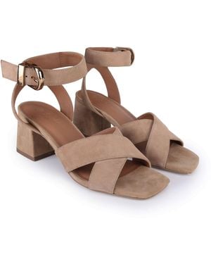 OFF THE HOOK Faith Suede Leather Cross Block Heel Ankle-Strap Sandals - Brown