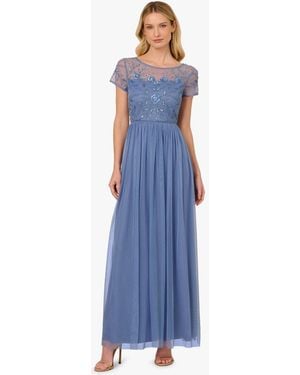 Adrianna Papell Studio Beaded Mesh Shirred Dress - Blue