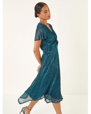 Roman Petite Shimmer Twist Front Midi Dress - Blue