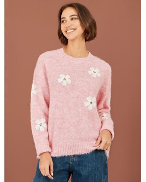 Yumi' Relaxed Sweater With Crochet Flowers - Pink